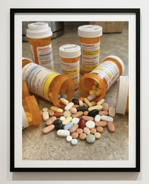 Disorganized prescription bottles and loose pills on a counter before blister packing